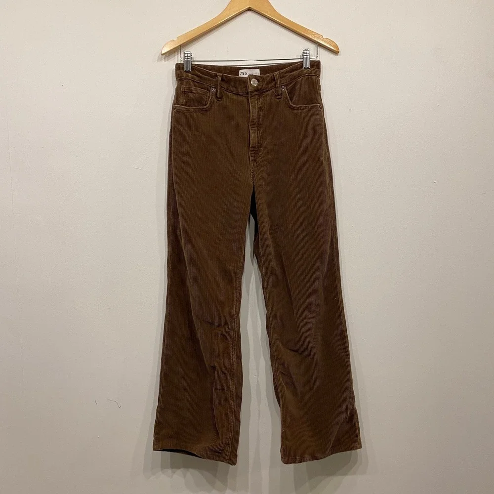 Zara‎ Brown Corduroy Wide Leg Pants High Rise Womens Size 6